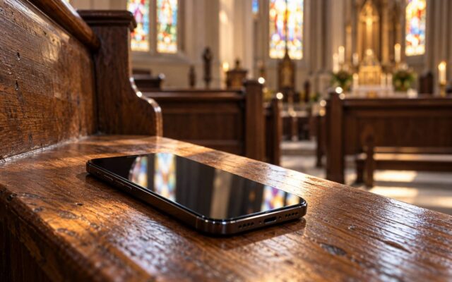 Smartphone on an aged church pew